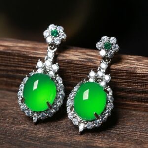 Natural jadeite green chalcedony earrings for women, full of diamonds and sparkling, perfect for formal wear and exuding a touch of luxury.