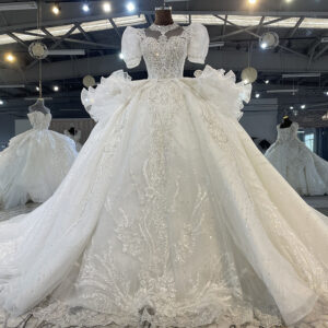 wedding gowns French heavy-duty puff sleeves with bow and large tail wedding dress