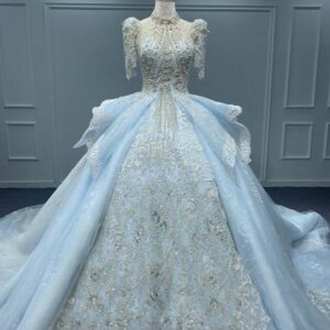 Luxurious Women's High Neck Short Sleeve Wedding Dress Shiny Aqua Blue Heavy Duty Main Wedding Dress