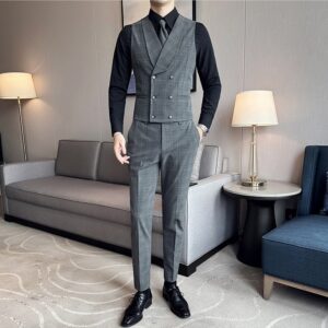2023 New Plaid Suit Vest and Trousers Set Slim Groom's Best Man's Dress Single Button