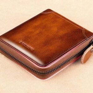 Men's genuine leather short zipper multi-functional wallet, handmade.