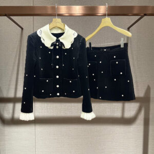 Autumn and winter new style lapel long-sleeved velvet rhinestone long-sleeved jacket + high-waisted skirt two-piece suit