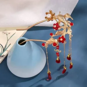 New style red hairpin, phoenix hairpin, tassel hair ornament, U-shaped hairpin with antique style.